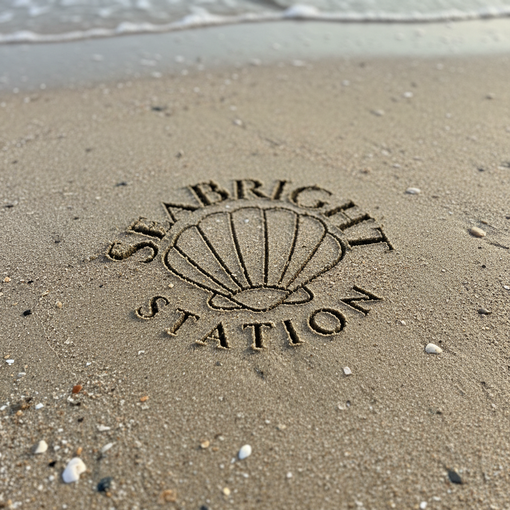 SeaBright Station logo carved in sand